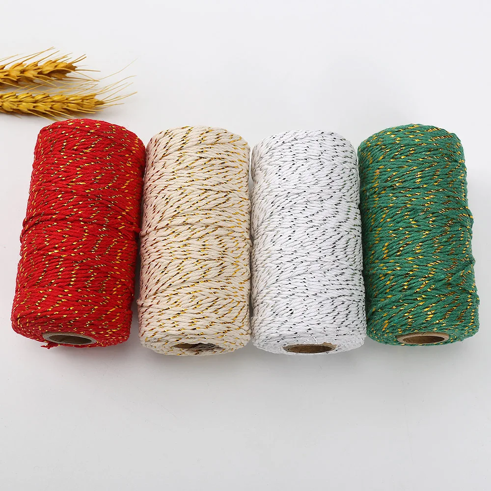 100m x 2mm Glitter Cotton Cords Metallic Cotton Yarn Twisted Cords Macrame String Twine Cord Ribbon for Home Decor Gift Wrapping