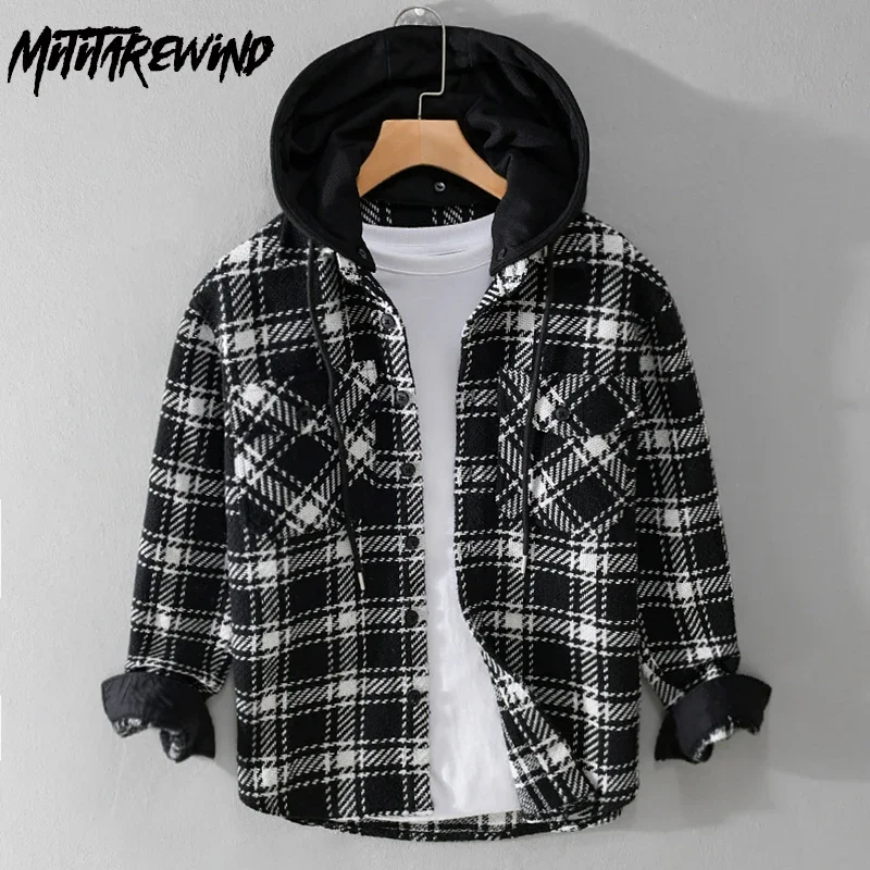 

Spring Fall Jackets Men High Street Fashion Houndstooth Jacket Casual Single-breasted Detachable Hooded Jacket Youth Male Coats