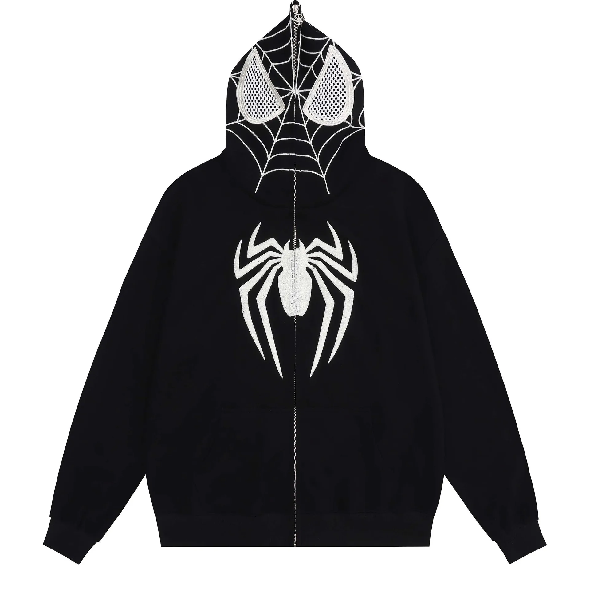 

Autumn Winter Hip Hop Long Sleeve Hoodie Spider Web Superman Embroidered Eye Pattern Hoodie Loose Plush Cotton Zipper Cardigan