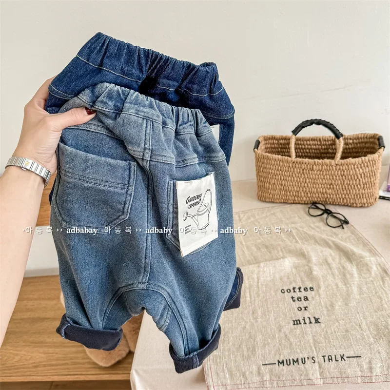 Kid Jean Pant 2024 Autumn and Winter Children Wear Children Korean Style Cashmere Thick Denim Pants Boys and Girls Harun Pants