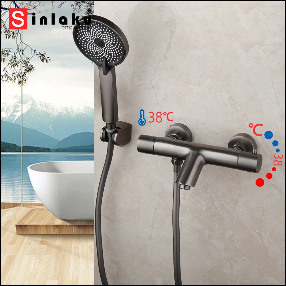 

SINLAKU Brushed Gun Grey Thermostatic Bathtub Basin Sink Faucet With Hand Shower Set Wall Mounted Hot And Cold Water Mixer Taps