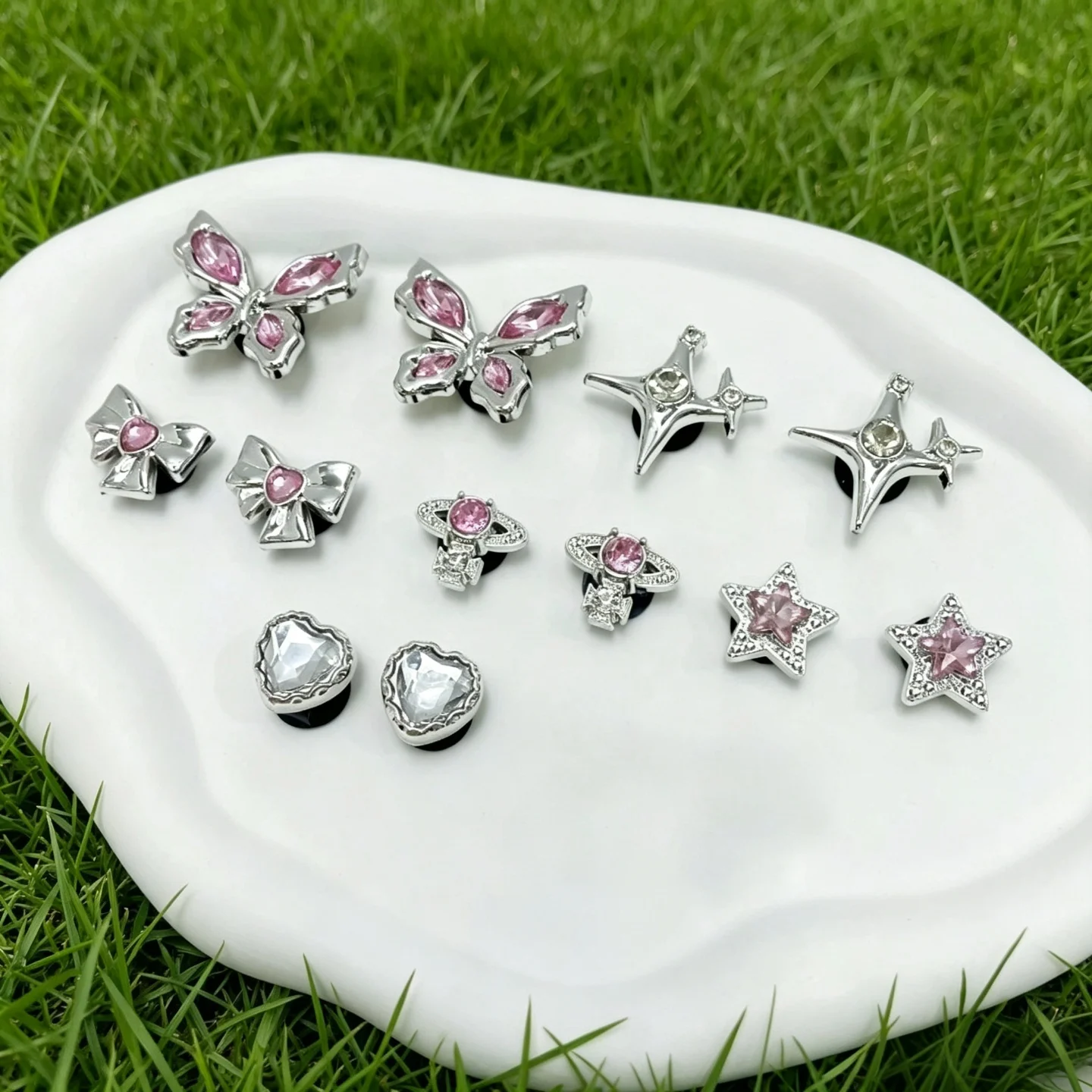 Silver Pink Butterfly Star Heart Shoe Charms for Clogs & Hole Bags, Bling Removable DIY Decorative Accessories for Women Girls