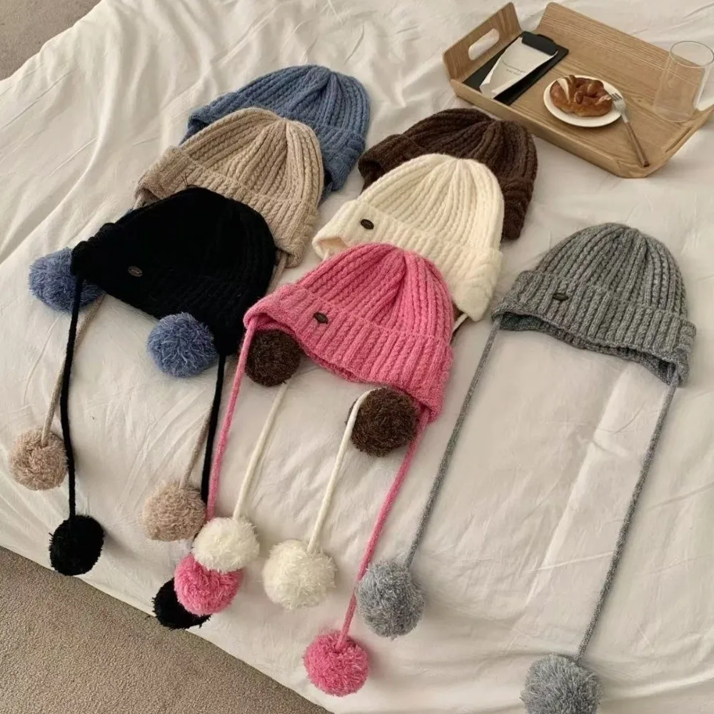 

Japanese Winter Y2k Knitted Cap Windproof Thick Pom-pom Knit Cap Soft Warm Casual Beanie Hats Girls