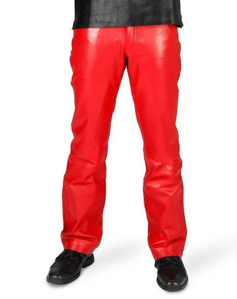 Mens Leather Pant 100% Real Lambskin Red Leather Casual Jeans Pant European and American Fashion Trends