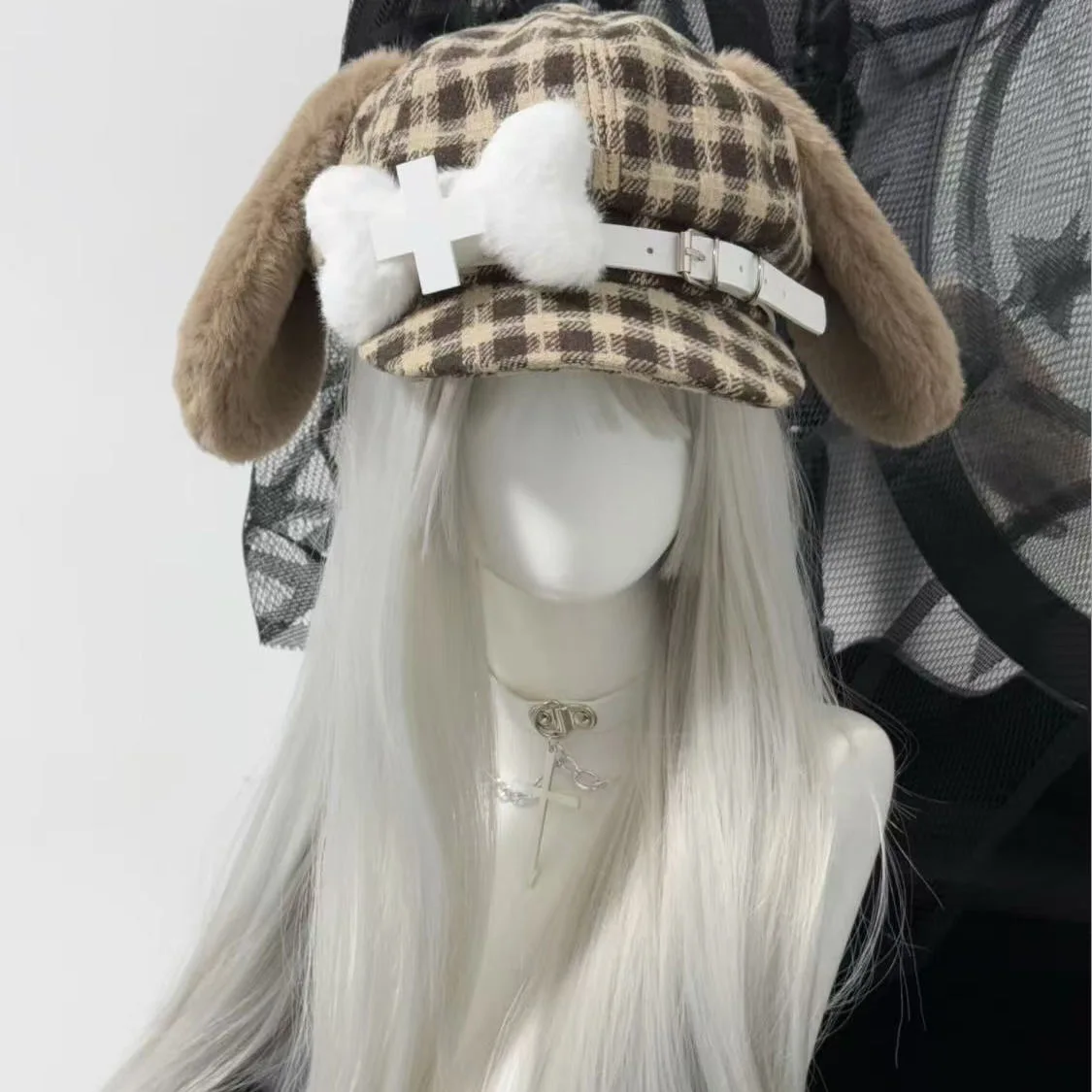 Gothic Harajuku Spicy Girl Women's Lolita Fluffy Retro Subculture Checkered Beret Y2K Hat Puppy Ears Octagonal Cap Newspaper Hat