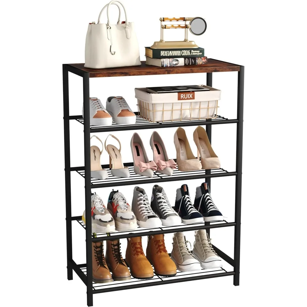 

Shoe Rack, Shoe Organizer Storage for Closet Entryway, Narrow Tall Metal Shoe Shelves with Industrial Wooden Top