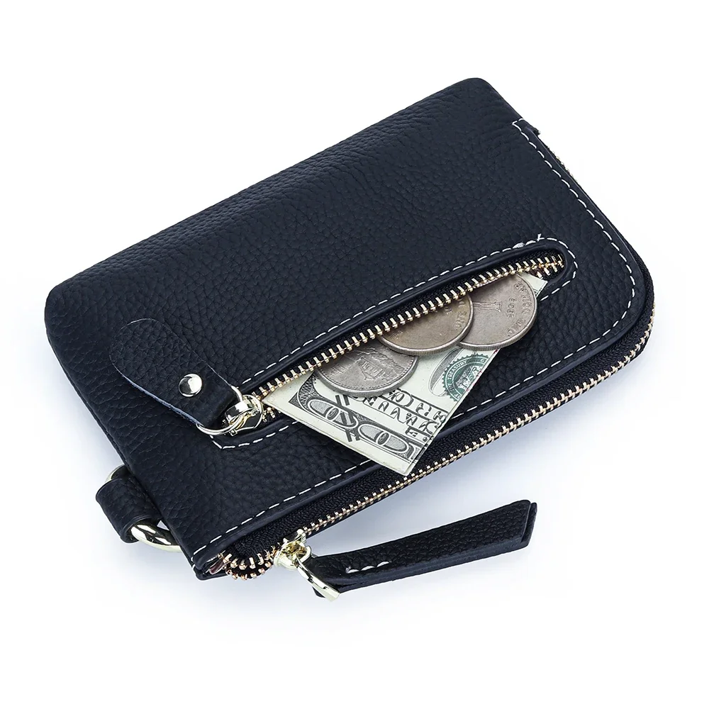 

Genuine Leather Mini Cash Wallet with Keychain Ring Holder Brand Design Coin Purse Pouch for Women Ladies Zipper Small Wallet