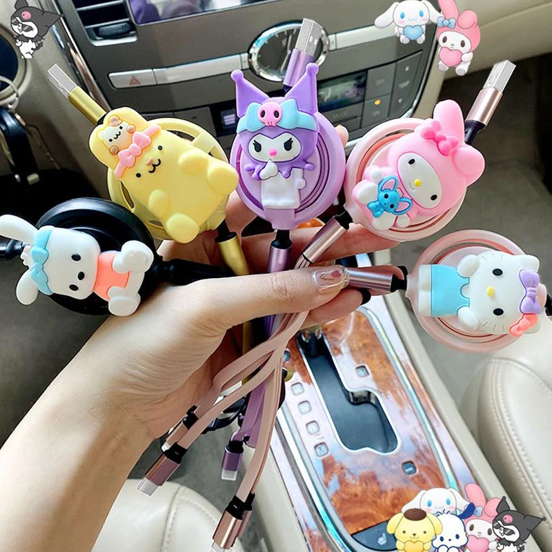 Sanrios Hellokittys Pachacco My Melody Kuromi Charging Cable for Iphone Android Mobile Phone Cute 3 In 1 Telescopic Data Cable