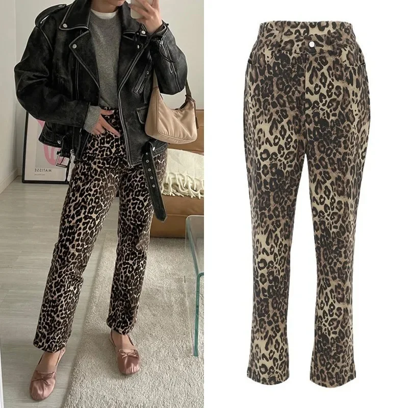 

Stylish Leopard Print Slim Fit Pencil Pants Elegant High-Waisted Jeans With Button And Zipper New Lady Commuter Clothes Outwear