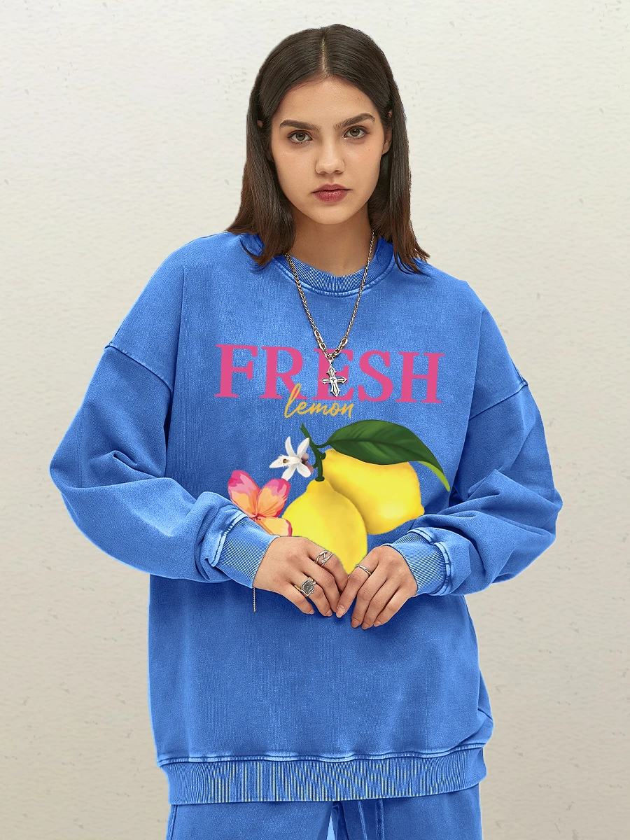 الليمون الطازج الفواكه زهرة طباعة غسلها البلوز المرأة فضفاضة مريحة البلوز Crewneck الملابس أزياء القطن الرياضية