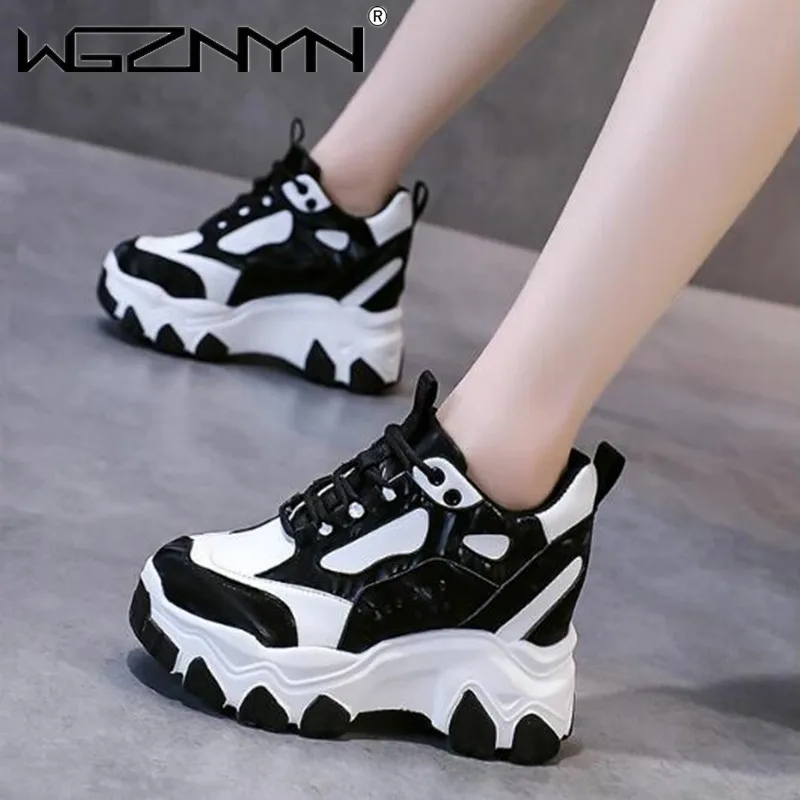 9.5CM High Platform Sneakers For Women Chunky Leather Shoes Fashion Walking Trainers Casual Shoes Woman Lace-up Vulcanized Shoe