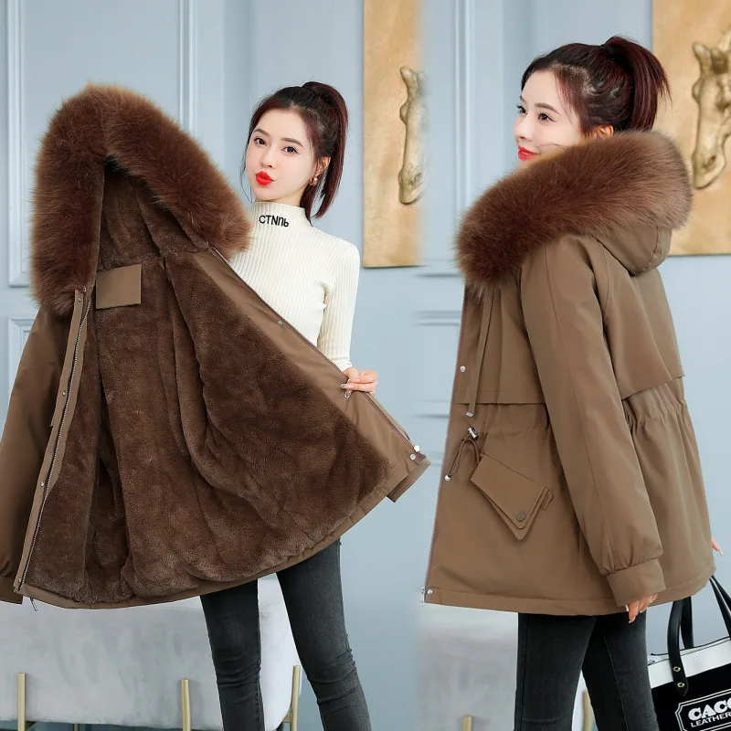 2024 Winter New Women\'s Medium to Long Hairy Collar with Velvet Cotton Coat Thick Coat