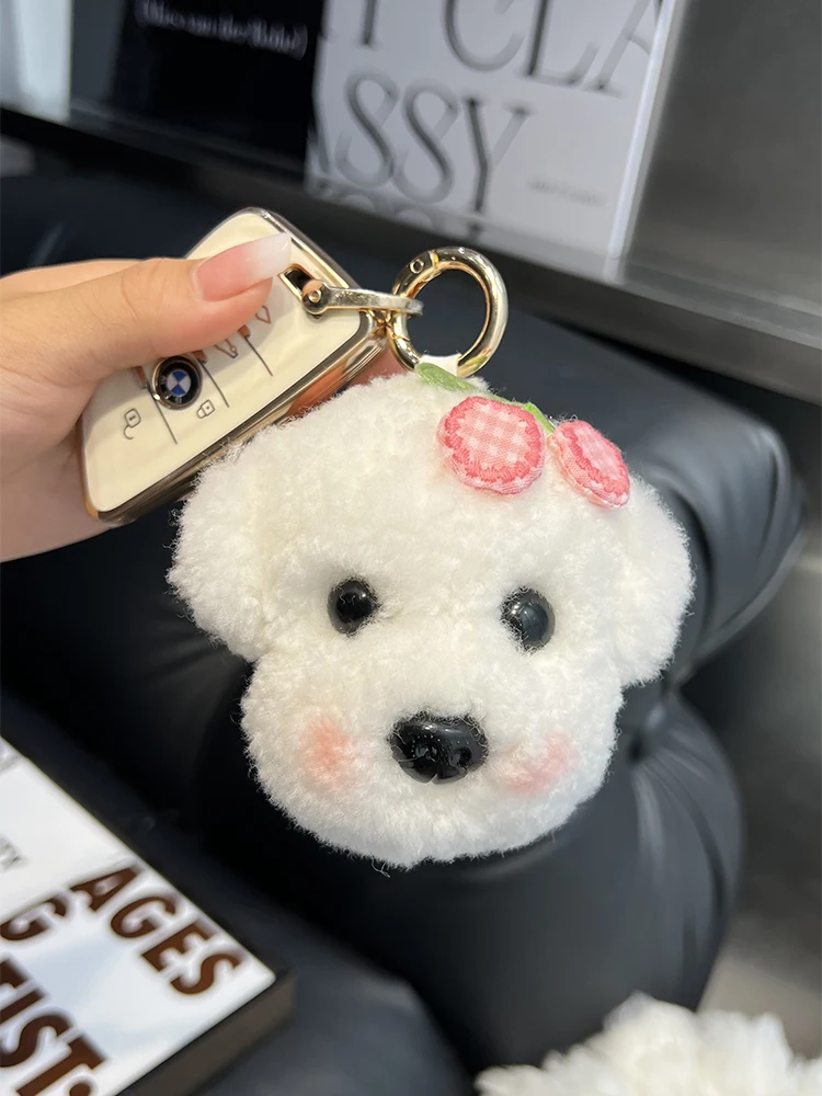 Cute Real Wool Fur Pom Pom Ball Key Chains Little White Dog Girls Plush Toy Women's Bag Pendant Car Key Metal Ring Trinkets Gift