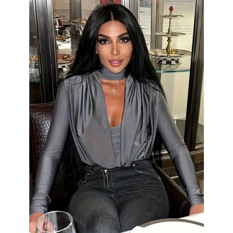 

Sexy Slim Bodysuit Women Elegant Black Long Sleeve V Neck One Pieces Bodysuits Jumpsuit Tops Body Suit Y2K