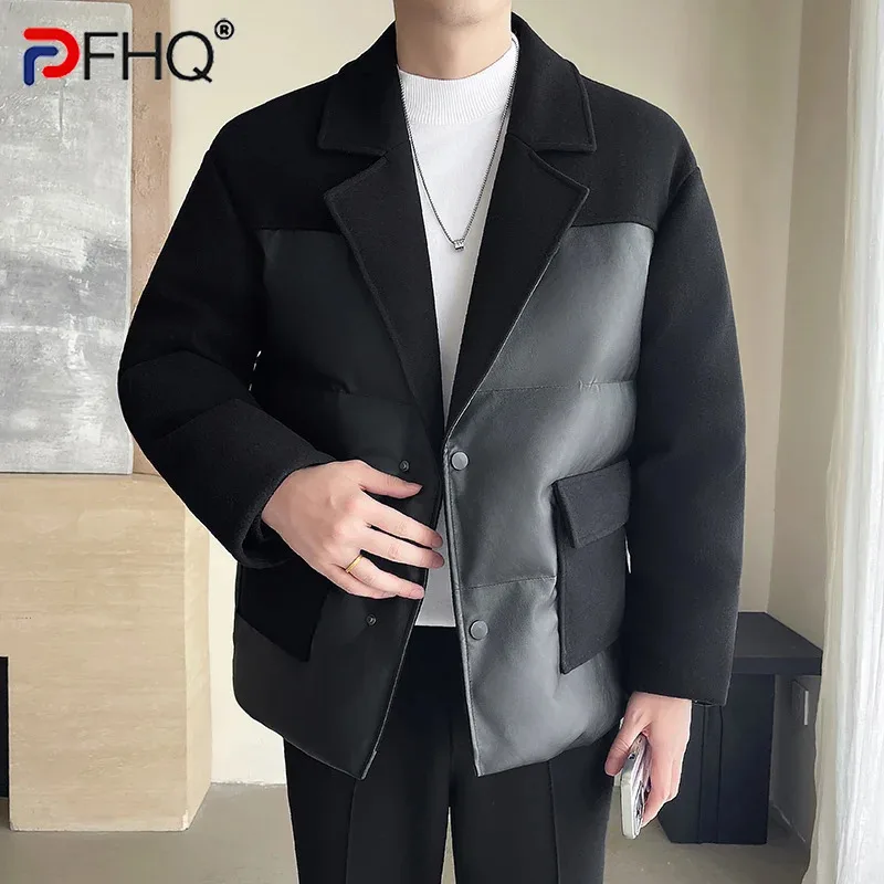 PFHQ Winter Woolen PU Leather Spliced Cotton Men Jacket 2024 Contrast Color Long Sleeve Pocket Long Sleeve Male Tops 21Z7011