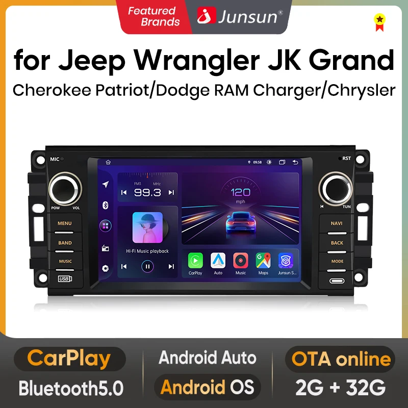 Junsun Auto GPS Navigation Multimedia Player for Dodge Ram 1500 2500 3500 2009-2012 Jeep Wrangler 2007-2018 Avenger Challenger, 7 Inch Touch Screen with Wireless CarPlay Android Auto Backup Camera
