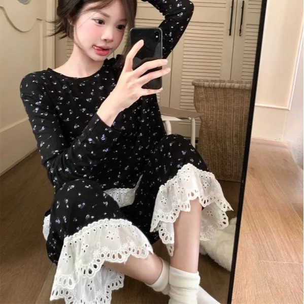 

Комплект домашней одежды из 2 предметов: женский кружевной пижамный костюм с длинными рукавами и брюками, с цветочным принтом, для весны и осени, в корейском стиле