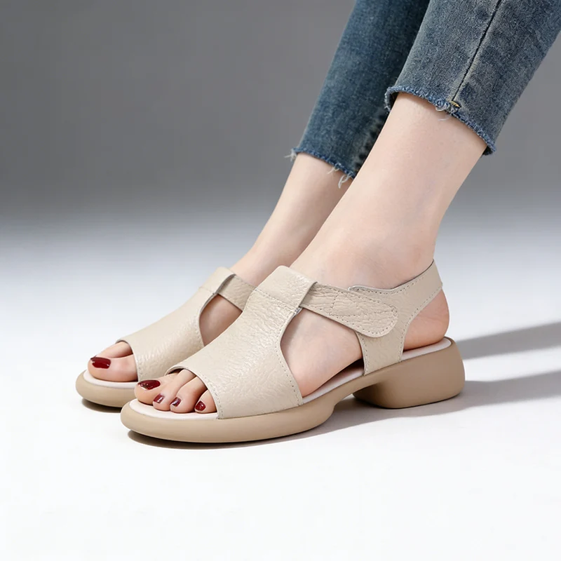 

New Summer Genuine Leather Shoes Women Sandals Casual Flat Soft Comfort Mother Shoes Big Size 41 Black Beige DX876