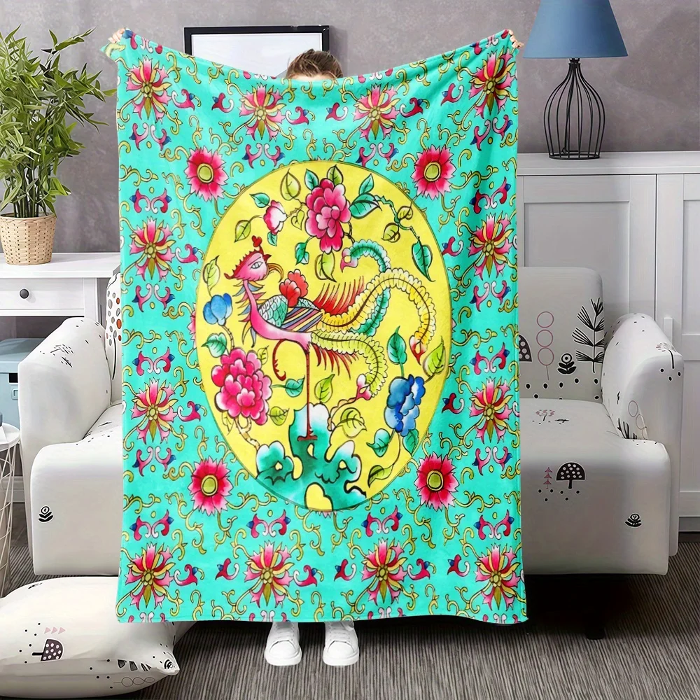 Cyan Background Oval Phoenix Peony Twisted Floral Flannel Throw Blanket,Soft Blanket For Sofa Room,Chinese Style Home Decor Gift