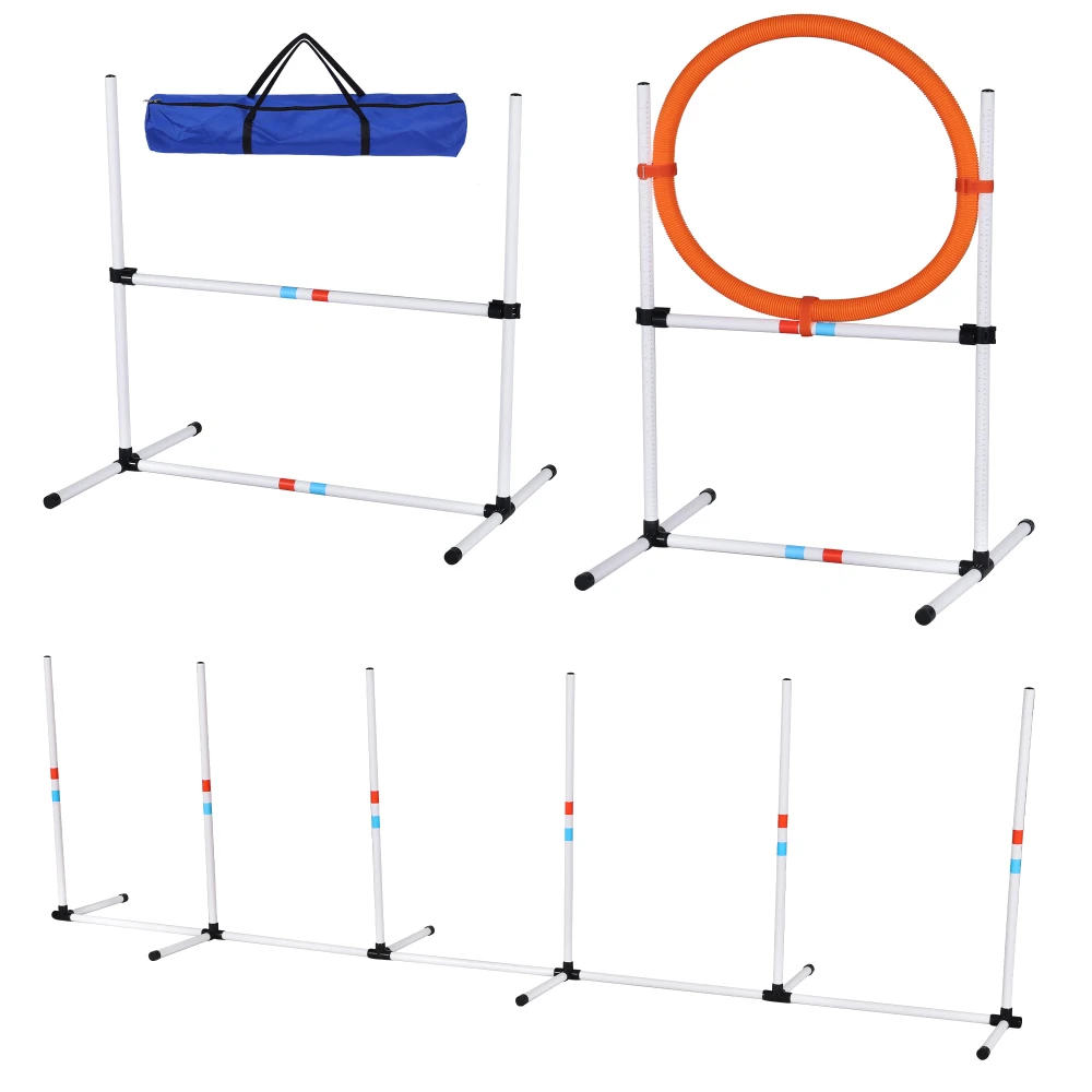 3PC Dog Agility Equipment Set Obstacle Course Exercise for Dog Adjustable Hurdle, Hoop, Weave Poles and Carry Bag