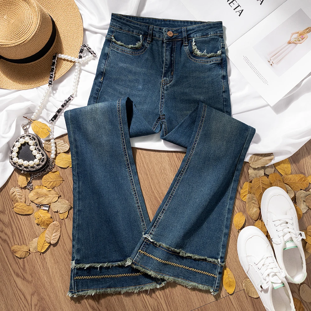 

Женские темно-синие джинсовые расклешенные джинсы, модные узкие джинсовые брюки с кисточками и подолом, весенне-осенняя повседневная одежда, повседневные брюки