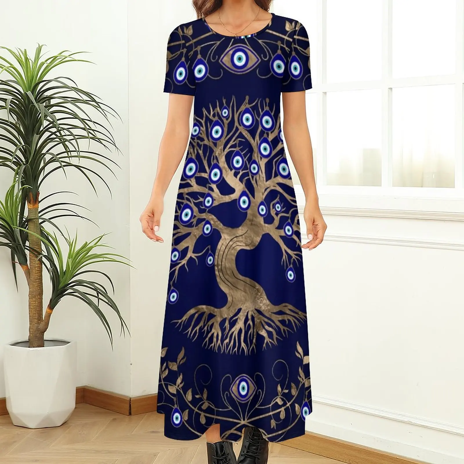 Tree of Life Evil Eye Dress Greek Amulet Elegant Maxi Dress Short Sleeve Street Wear Boho Beach Long Dresses Oversized Vestido