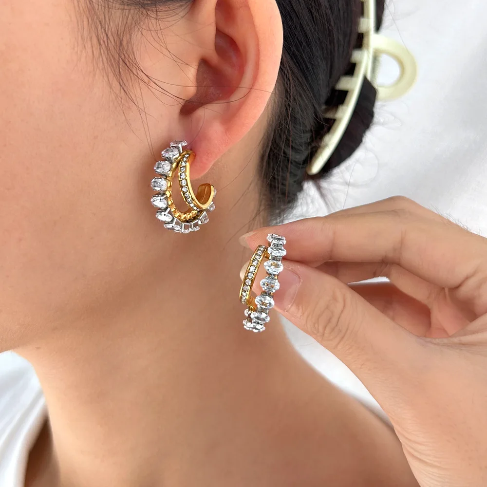 DIY accessories Light luxury temperament zircon mixed and matched double-layer earrings women's new trendy autumn and winter ret