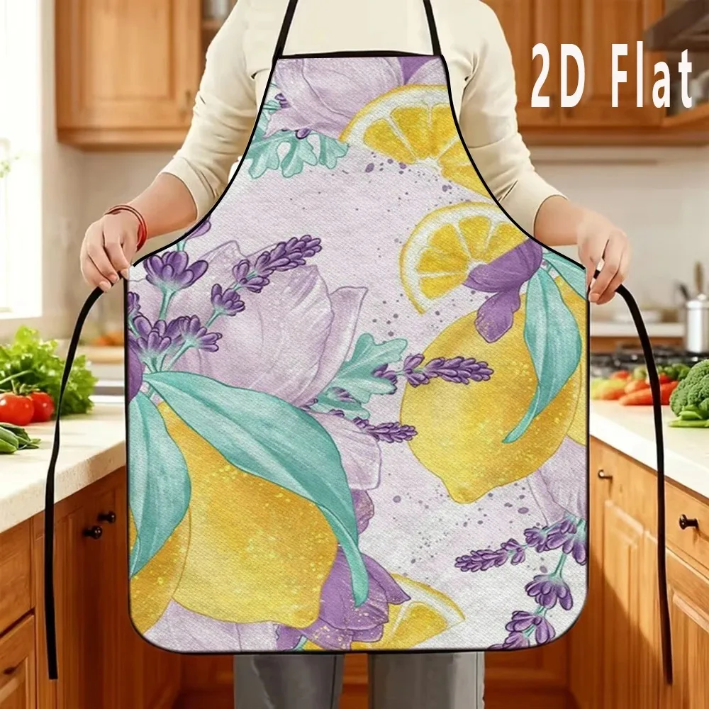 Spring Flower Gnome Apron for Women Cute Pink Tulip Lavender Lemon Print Kitchen Cooking Baking Bib Home Cleaning Pinafore Gift