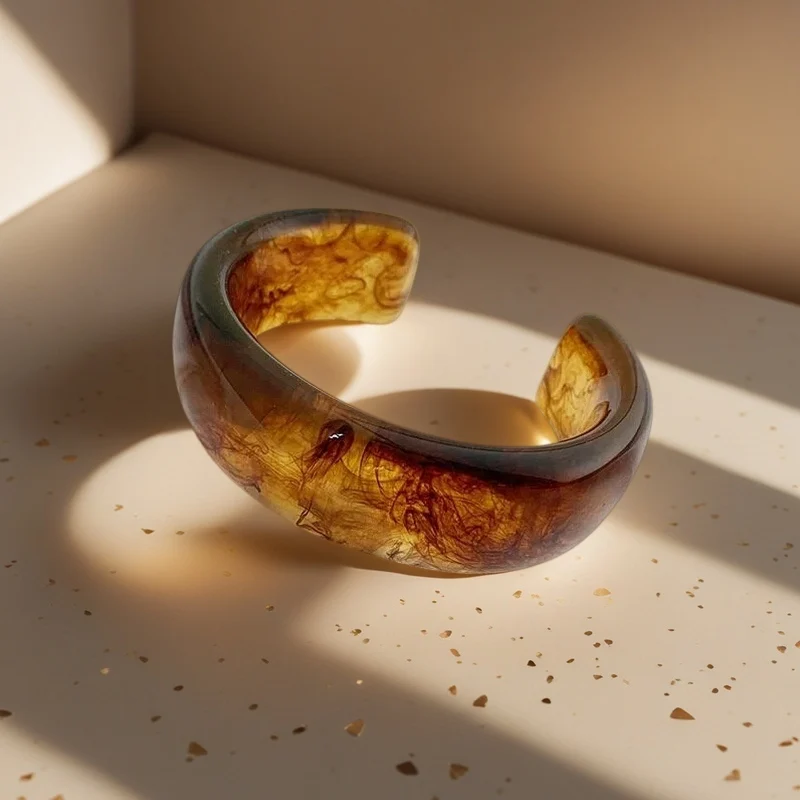 Yuri Ailey Open Cuff Wide Resin Bangle Retro Amber Swirl Tie Dye Texture Cuff Bracelet Vintage Jewelry Chic Gift for Women