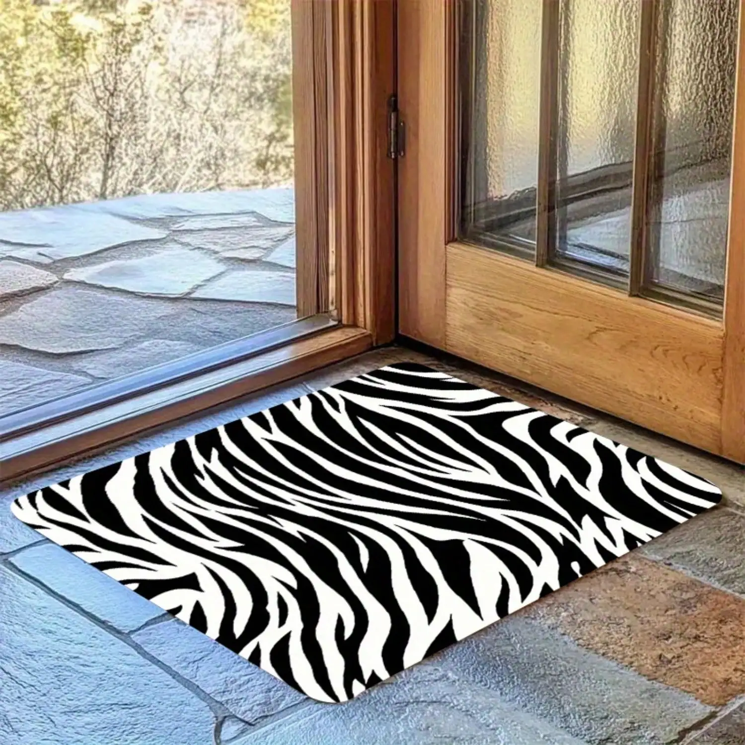 Black And White Striped Patterned Flannel Mat, Soft And Comfortable, Suitable For Entrance Door Mats, Step Mats, Kitchen Mats, Bathroom Mats, Bedroom Carpets
