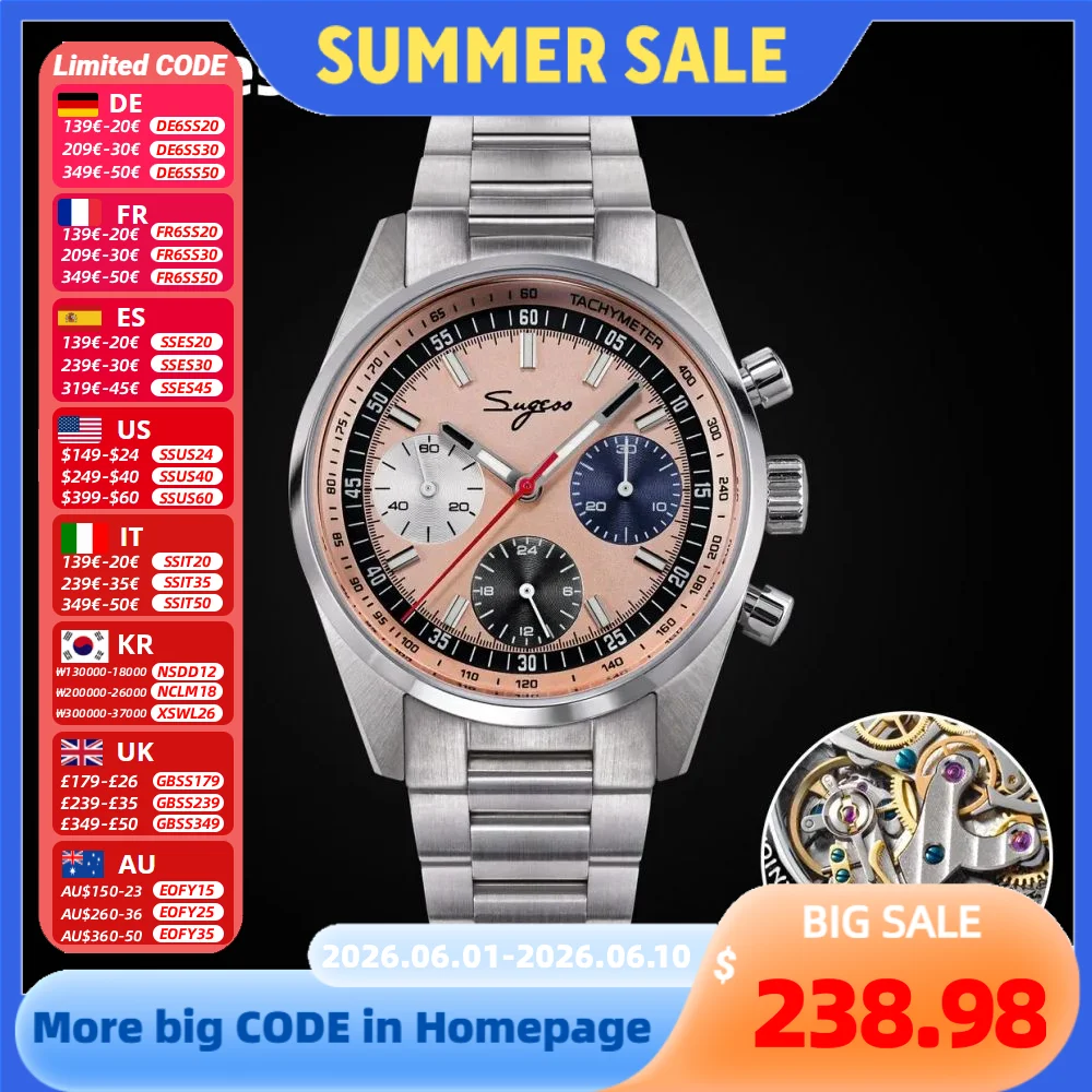 Sugess montre pour hommes 38mm chronographe montres mécaniques Tianjin col de cygne mouvement saphir cristal Roulette cadran S465 nouveau