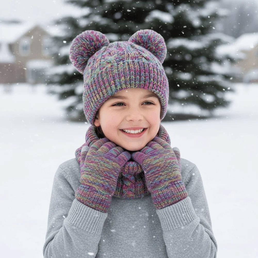 

Casual Cute Pompom Baby Hat Scarf Gloves Set Thickened Warm Ears Toddler Knitted Hats with Velvet Multicolor Kids Hat Set Girls