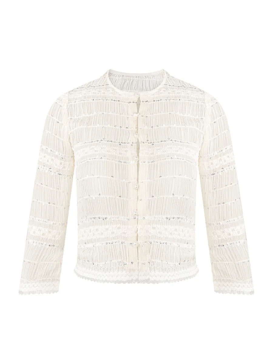 

Lilian ternoon Embroidered Bead Rich Quali Open Cardigan Outerwear Summer irt Women's Slim Fit Long Sve round Ne S...