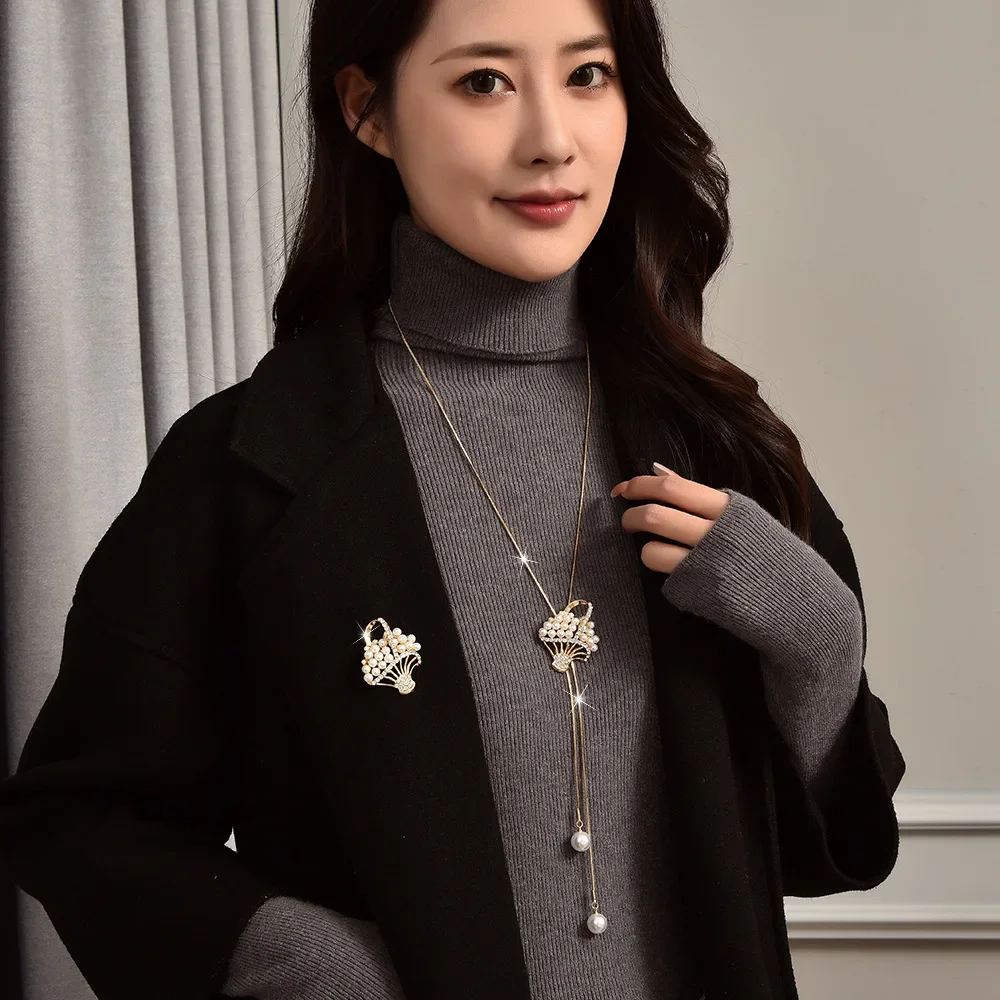 Осенне-зимний синий свитер с жемчужным цветком и цепочкой из двух частей, элегантное длинное ожерелье с кисточками