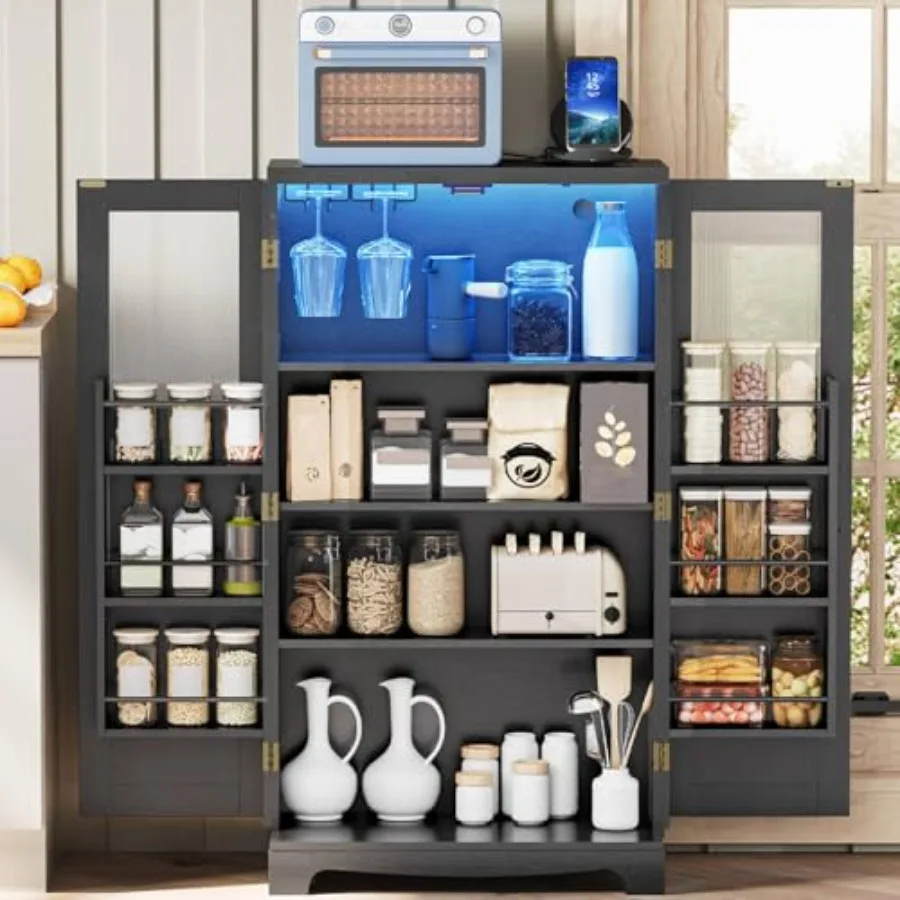 

Kitchen Pantry Cabinet with LED Lights and Power Outlet Freestanding Cupboard Utility Hutch Cabinet Adjustable Shelf Buffet Sto
