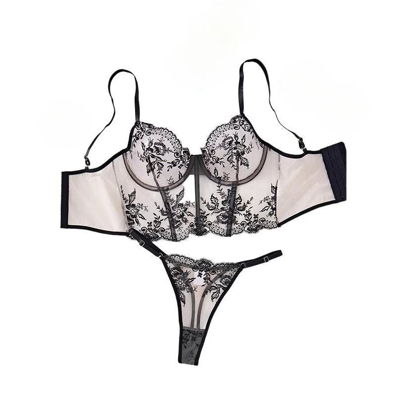 Bikini floral embroidery lace seductive sexy elegant semi-transparent tight-fitting lingerie set