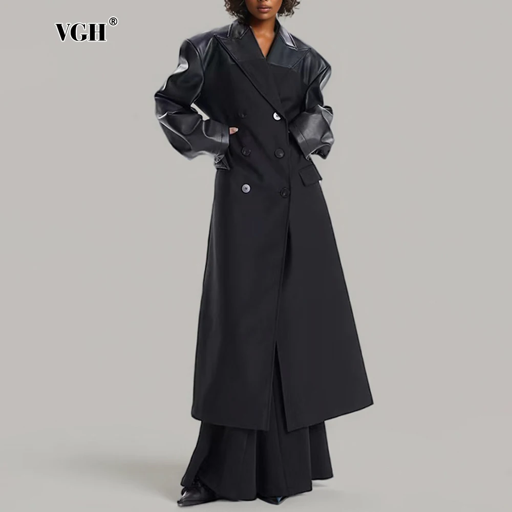

VGH High Street Patchwork Leather Coats for Women Lapel Long Sleeve Spliced Double Breasted Loose Long Trench Female Autumn New