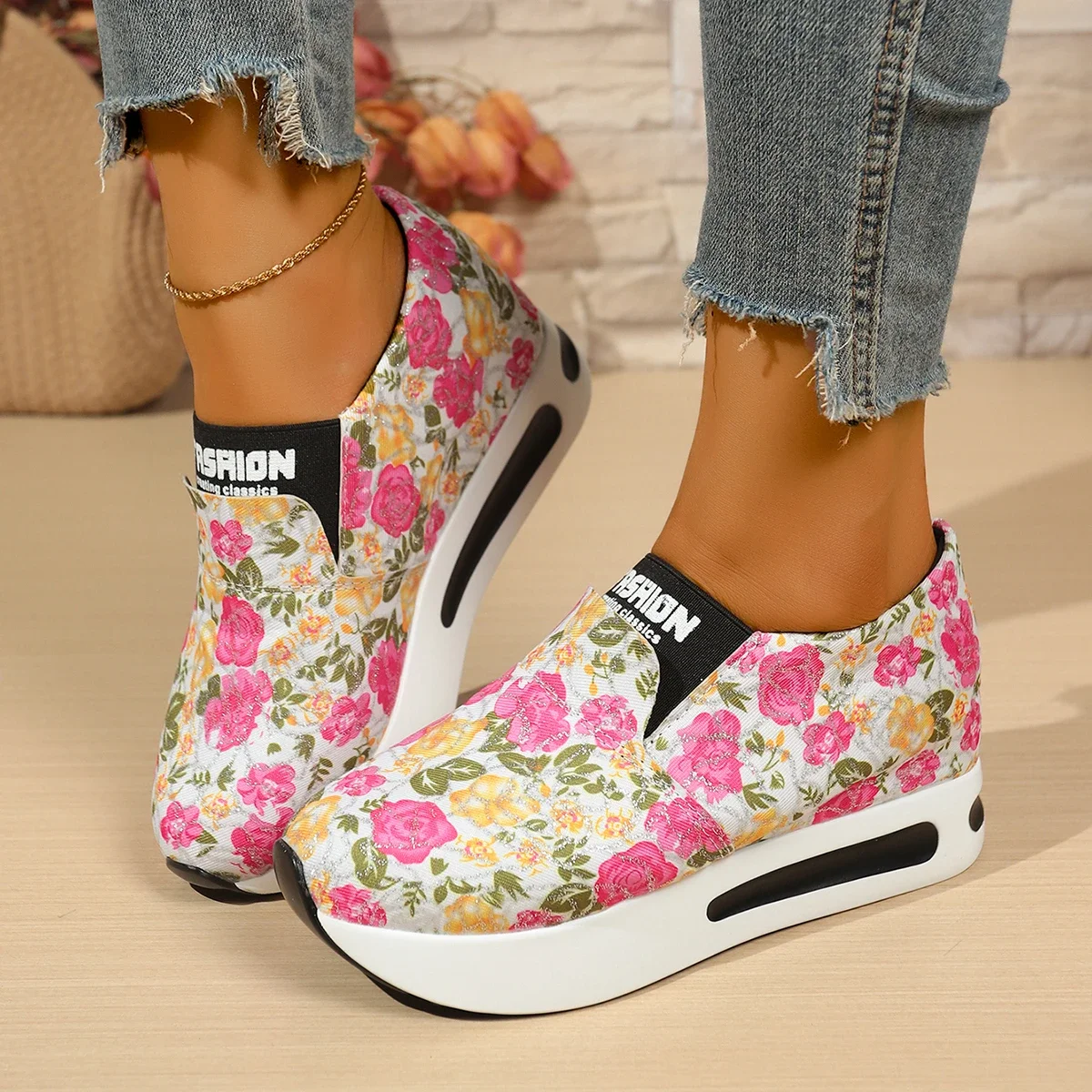 New Arrival Women Floral Canvas Platform Loafers Slip‑on Wedge Sneakers Round Toe Non‑Slip Casual Daily Shoes Plus Size - view 6