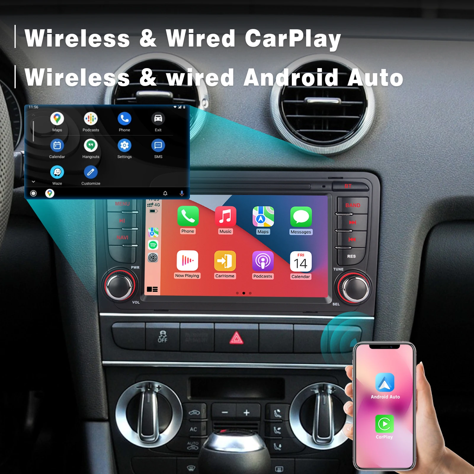 IPS Touch Screen Car Radio with Wireless Carplay Android Auto DAB+ BT SWC AHD Rear View Camera for Audi A3 S3 RS3 2003–2012