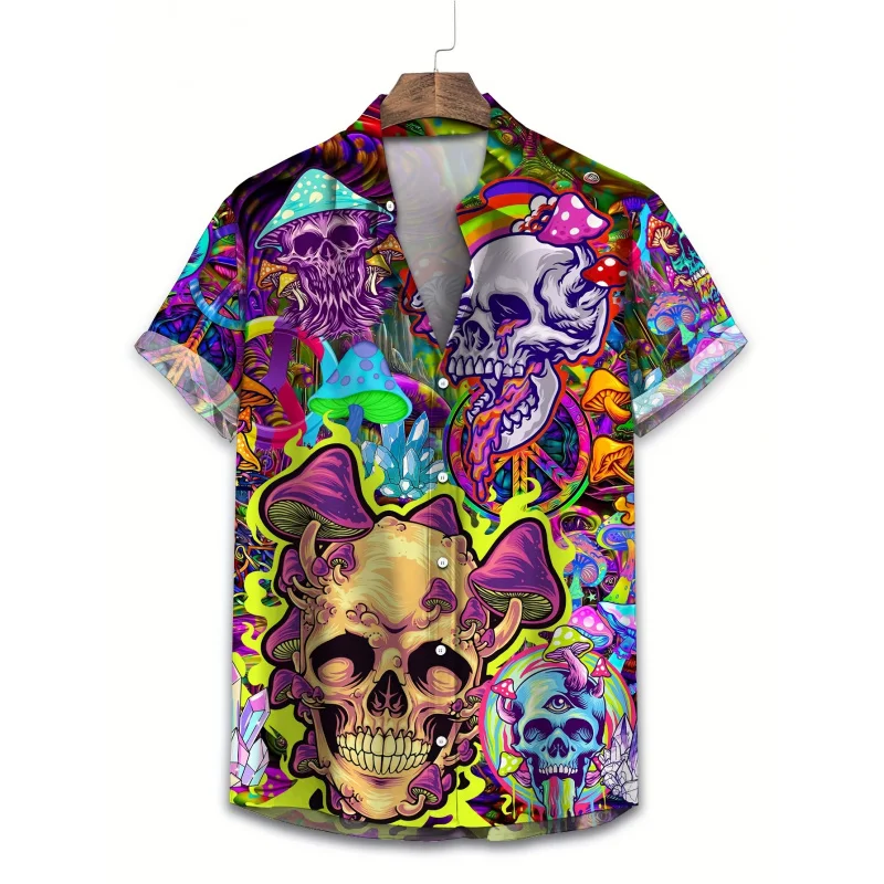 

Men's Skull and Mushroom Print Hawaiian Shirt - Bright and Colorful Tropical Short Sleeve Aloha Shirt，Front Button Design，Machin