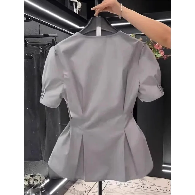 French Temperament V-neck Solid Color Pleated Puff Sleeve Shirt Women Summer New Westernization All-match Light Ripening Tops