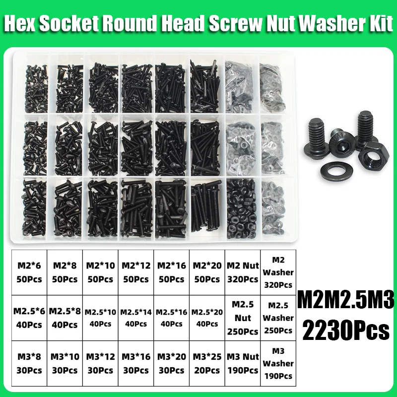 Innensechskantschrauben-Set mit Innensechskant, M2, M2,5, M3, M4, M5, M6, Schwarz, 10,9 Güteklasse, Innensechskant-UNC-Bolzen mit Mutter, Unterlegscheiben-Sortiment – Detail 7