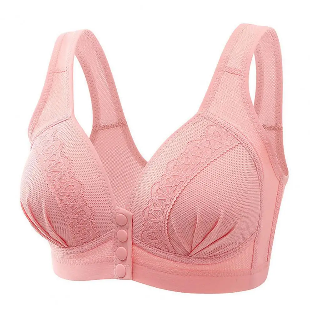 Middle-Aged Mother Thin Underwear Women Lace Stitching Gathered Bra Wide Straps Wireless 3/4 Cup Bra Front Button Brassiere