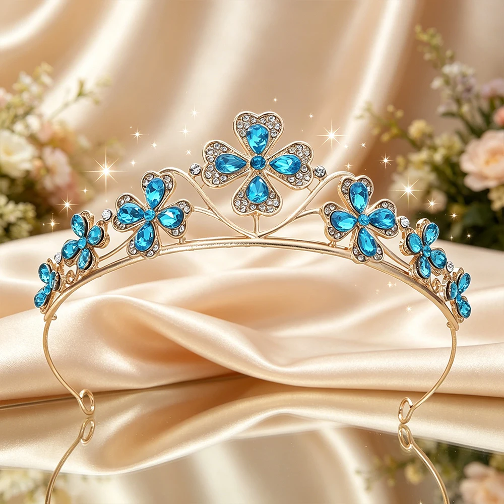 Four Leaf Clover Crystal Bridal Tiara Sparkling Lucky Floral Queen Crown Elegant Vintage Headpiece Wedding Birthday Events view 5