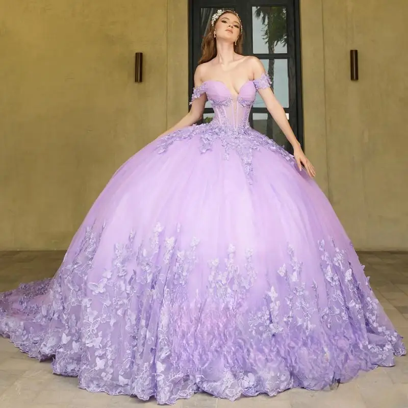 

Exquisite Sweetheart Quinceanera Dresses for Teens Cloak Off the Shoulder Appliques Lacing Up Vestidos De 15 Anos