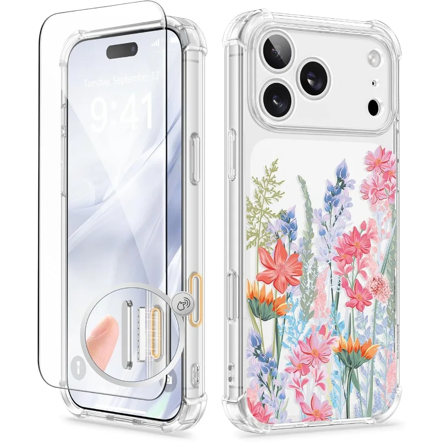 

Чехол для iPhone 17 Pro с обновленной защитной пленкой для экрана [полная защита камеры] [не желтеющий] Тонкий противоударный прозрачный цветочный чехол