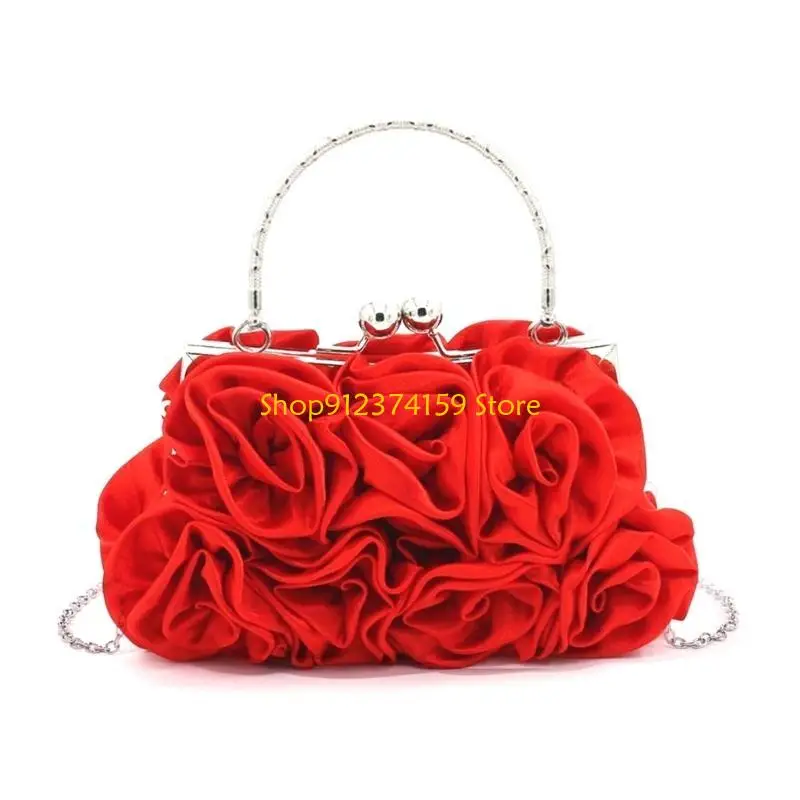 

G5AE Luxurious Satins Evening Bag with 3D Rose Floral Detail for Cocktail Parties Elegant Chain Strap Handbag Clutch Purse
