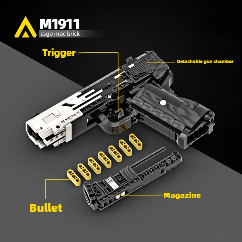 MOC-bloques de construcción impactantes para niños, modelo M1911, versión tecnológica negra, montaje de pistola de juguete, ladrillos, serie militar, juguetes para niños