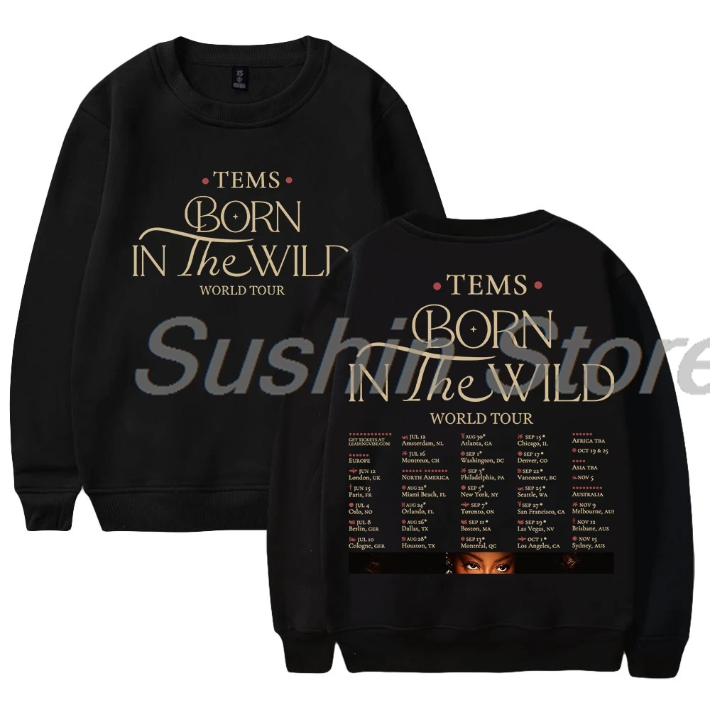 Tems Born in The Wild World Tour 2024 Merch 크루넥 긴팔 스트리트웨어, 남녀공용 맨투맨 패션 의류