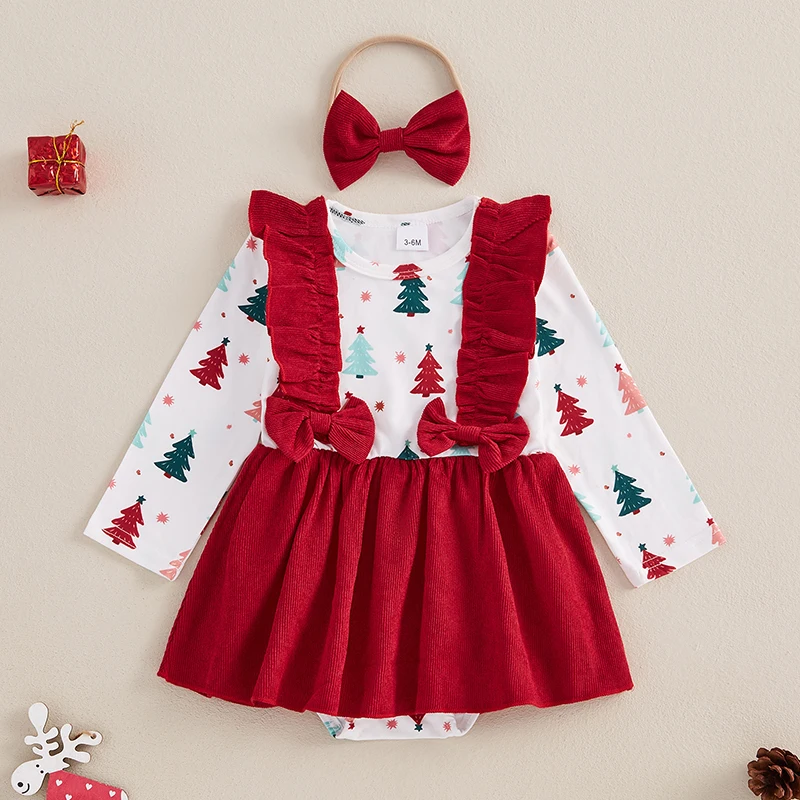 Baby Girls Christmas Outfit Long Sleeve Tree Print Romper Dress with Headband Clothing Set